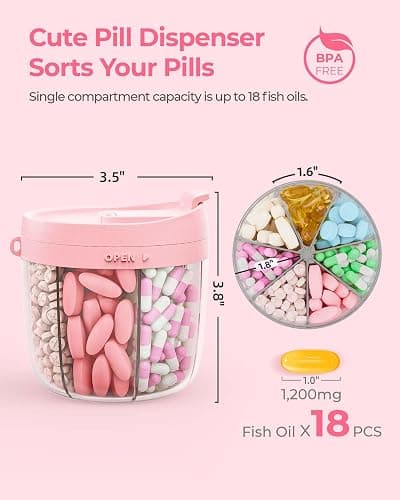 AMOOS Cute Pill Dispenser with 7 Large Compartments, Portable Pill Bottle Organizer with Wide Opening for Easy Use, Anti-Mix Pill Organizer for Travel, BPA-Free Pill Container, Pink - Pink thumbnail 2