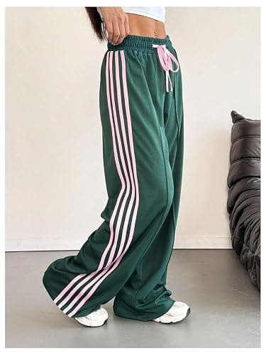 BEAUDRM Women's Baggy Sweatpants Y2k Striped Drawstring Waist Wide Leg Stacked Workout Track Pants Streetwear thumbnail 5