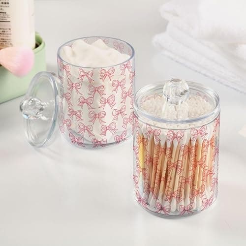 2 Pack Qtip Holder Dispenser with Lids, Cute Pink Bows Plastic Storage Containers, Bathroom Canisters Organizer for Cotton Swab, Cotton Round Pads, Floss 21219887 - 2 Pack - Cute Pink Bows 21219887 thumbnail 2