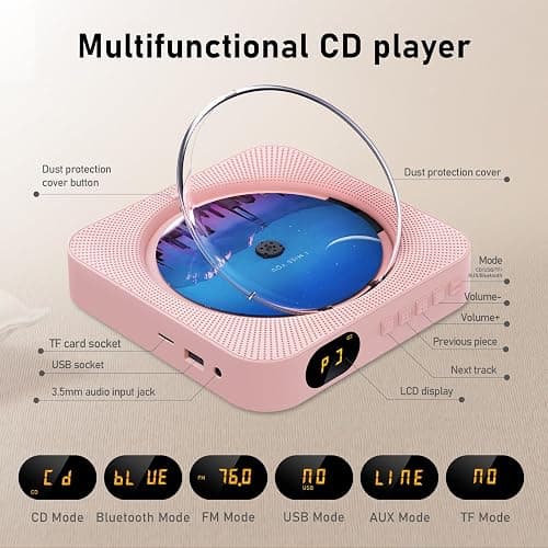 MICOCIOUS Portable CD Player with Bluetooth Desktop CD Player for Home CD Music Players with Remote Control,Timer,Built-in Dual Speakers with LED Display Home Audio Boombox FM Radio (Pink) thumbnail 2