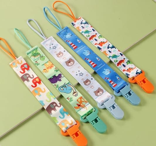 12 Pack Pacifier Clips with Strap 25.5cm - Premium Polyester Baby Pacifier Holder Set, Multi-Design Clips for Boys Girls （Multi Color C） thumbnail 7