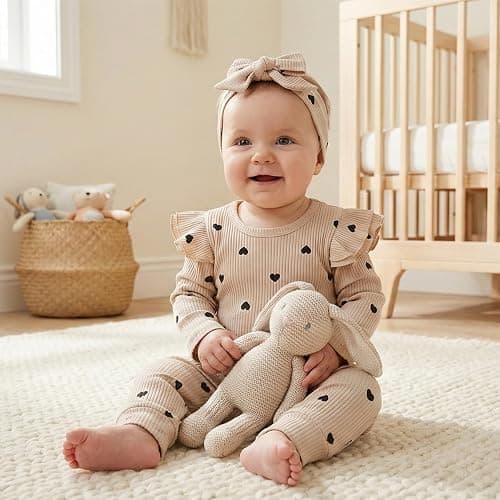 Fullfamous Baby Girl's 3pc Rib Frill Long Sleeve Romper and Pant Set thumbnail 2
