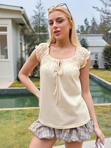 Tankaneo Women Summer Tie Front Tank Tops Cap Sleeve Pleated Babydoll Tops Casual Loose Fit Going Out Flowy Shirt thumbnail 3