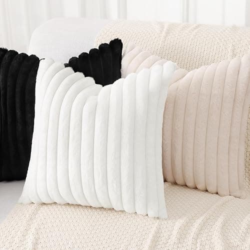 Faux Fur Throw Pillow Covers 12x20 Set of 2, Decorative Soft Plush Striped Lumbar Neutral Couch Euro Pillow Covers with Velvet Back for Sofa, Bed, Living Room Home Decor, White thumbnail 5