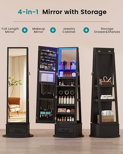 Vlsrka Mirror Jewelry Cabinet Standing with Lights, Lockable, Swivel, Black | Standing Jewelry Armoire with Full Length Mirror, Large Jewelry Organizer Storage with Foldable Makeup Shelf, 3 LED Lights thumbnail 7