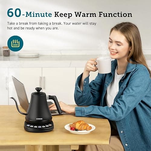 COSORI Electric Gooseneck Kettle with 5 Temperature Control Presets, Pour Over Kettle for Coffee & Tea, 1200W Quick Heating, 100% Stainless Steel Inner Lid & Bottom, 0.8L Tea Kettle, Matte Black - Gooseneck Kettle Black - Matte Black - 0.8 Quarts thumbnail 5