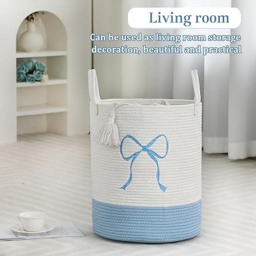 Honeydak Blue Laundry Basket Coquette Bow Hamper 15 x 17.7 Inches | Cotton Rope Hamper with Handle, Teens Girl Room Nursery Decor, Cute Decorative Basket, for Living Room, Storage Toy Clothes thumbnail 4