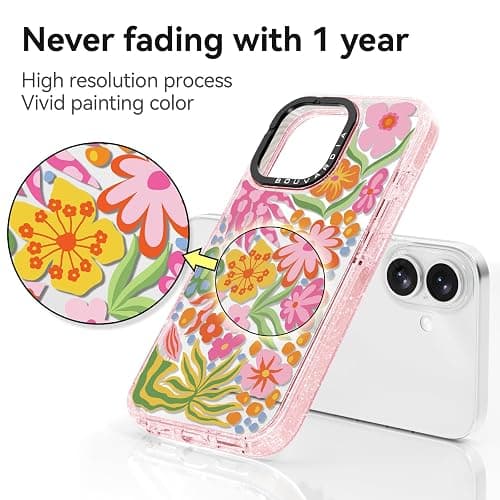 Rosarnnah Compatible for iPhone 16 Case Cute - Durable Shockproof 6.6 ft Drop Impact Phone Case - Glitter Pink Funny Passion Flower Design for iPhone 16 6.1" thumbnail 4