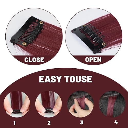 TOFAFA 22 inch Burgundy Hair Extensions, Colored Party Highlights Clip in Synthetic Cherry Red Hair Extensions, Colorful Long Straight Hairpieces for Girls Women Kids Favor Gift(10 PCS Wine Red) thumbnail 3