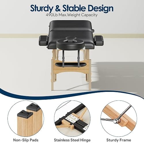 Brelley Massage Table Portable Wooden Lash Bed 24" Wide Adjustable Height 2-Fold Spa Table Foldable Tattoo Bed (Black) thumbnail 5