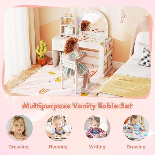 Costzon Kids Vanity with Lights, Girls Vanity Set with Mirror, Bookshelf, Drawer, Storage Cabinet & Shelves, Toddler Makeup Vanity Desk Dressing Table, Kids Vanity Table and Chair Set (White) thumbnail 9