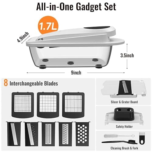 Ukeetap 8-Blade Cook Tool & Gadget Sets, Chopper Slicer Grater Set, White | Vegetable Chopper Mandoline Slicer Food Grater with Container for Onion, Veggie Salad thumbnail 3