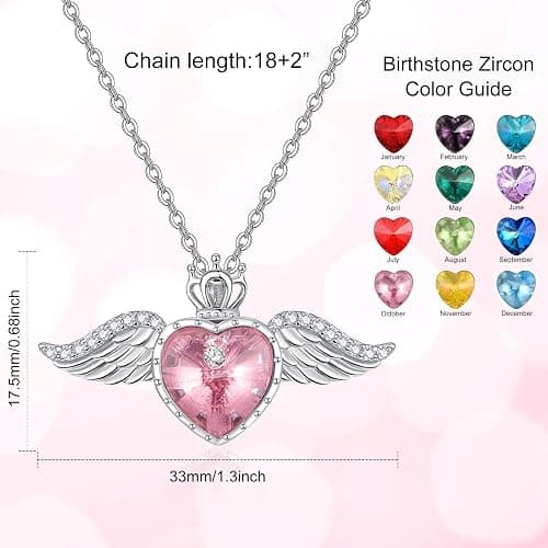 TANGPOET Engelsflügel Halskette 925 Sterling Silber Liebe Herz Kristall Kette Königin Krone Anhänger Geburtsstein Schmuck Geschenk für Frauen Mädchen mit Geschenkbox thumbnail 4