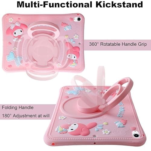Carechoi Kids Case for iPad (A16) 11th Generation 11 inch 2025 / iPad 10th Gen 10.9" 2022 – Cute 3D Cartoon Silicone Tablet Cover for Girls with 360° Rotating Stand, Adjustable Strap (Pink) thumbnail 5