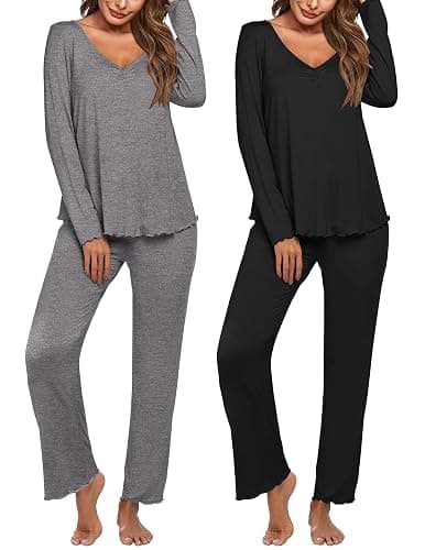Ekouaer Womens 2 Pack Pajama Set Long Sleeve Pajamas Top and Pants V Neck Pjs Set Soft Sleepwear Loungewear - Image 1