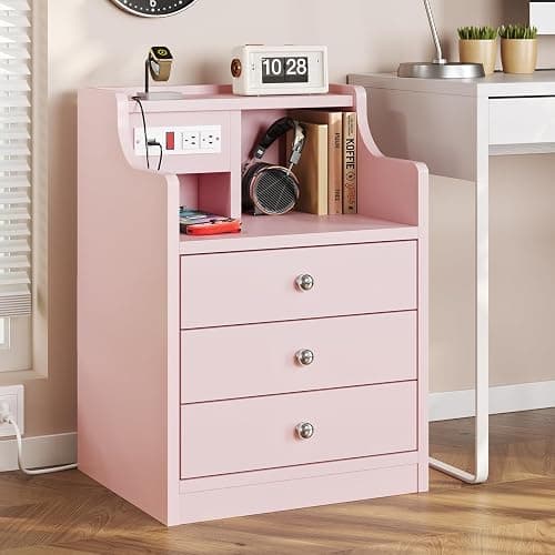 ADORNEVE Night Stand Set 2,Pink Nightstand with Charging Station & Hutch,Night Stands for Bedrooms Set of 2,Bedside Table with Drawers - 2PC - Pink thumbnail 8