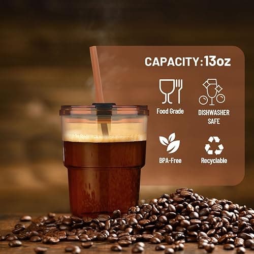 Luxfuel 13 oz Glass Cups with Lids and Straws Reusable Iced Coffee Tumbler | Leak-Proof Thick Wall Travel Glass Coffee Cup for Iced Tea, Water, Office, Cup Holder Friendly, BPA Free (Shimmer,2 Pack) thumbnail 5