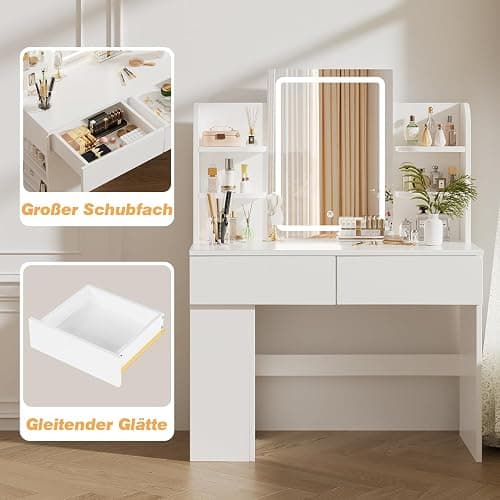Airfish Dressing Table with LED Light,Vanity Desk with Mirror and Concealed LED Light Strip, MakeUp Desk with Two Drawers and One Sideboard,Modern (White, 90 x 40 cm) thumbnail 7