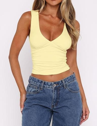 ForeFair Womens Deep V Neck Crop Tank Tops Going Out Double Lined Sexy Crop Top Sleeveless Slim Fit Y2k Summer Tops thumbnail 2