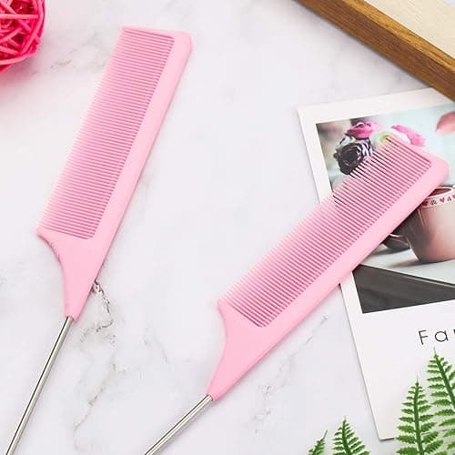 3 Packs 9 Inch Rat Tail Comb Carbon Fiber Heat Resistant Teasing Comb with Metal Pick Styling Parting Lightweight Sectioning Fine Tooth Combs for Women Girls - Pink thumbnail 6