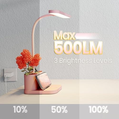 AXX Pink Desk Lamp for Home Office, Cute Table Lights for Bedrooms, Kawaii, Dimmable LED, Flexible Gooseneck, Pen Holder, Touch Control, Room College Dorm Essentials for Teen Girls Kids thumbnail 3
