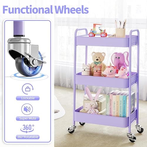 TOOLF 3-Tier Metal Rolling Cart with Wheels, Storage Utility Organizer Cart for Kitchen, Bathroom, Office, Baby Essentials & Makeup - Lockable Casters, Easy Assembly, Large Capacity, Purple thumbnail 6