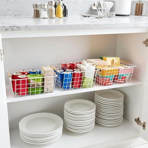 LeleCAT White Wire Baskets for Organizing with Handles，Pantry Organizers and Storage For Kitchen, Household Snack Basket for Cabinets, Closets, Bedrooms,food - Set of 4(White) thumbnail 6
