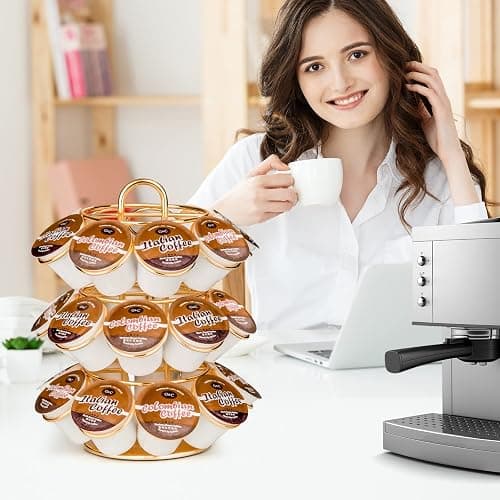 KREWEY Coffee Pod Holder, K Cup Holders Carousel Organizer ,27 Coffee Pods Storage Compatible with K Cups, Spins 360-Degrees, Modern Gold Design ，Round,Shining Gold,3 Tier Home or Office Kitchen Counter Organizer thumbnail 2