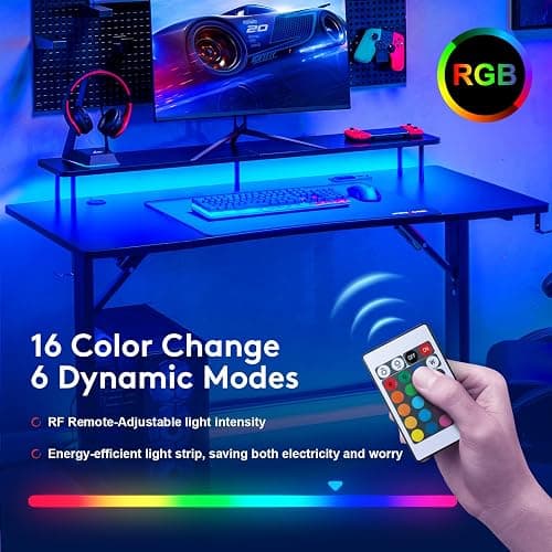 GTRACING 55 Inch Gaming Desk with LED Lights & Power Outlet, Computer Gamer Desk with Monitor Stand, Ergonomic Carbon Fiber Gaming Table Home Office Desk with Headphone Hook & Mouse Pad - Black thumbnail 4