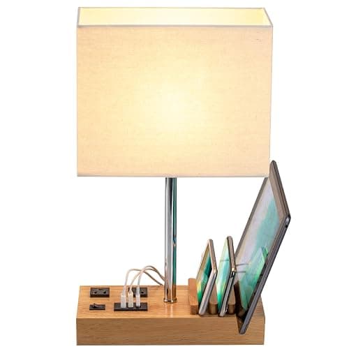 Dreamholder Desk Lamp with 3 USB Charging Ports, Table Lamp with 2AC Outlets and 3 Phone Stands, Nightstand Bedside Lamp with Natural Wooden Base and Cream Linen Shade thumbnail 2