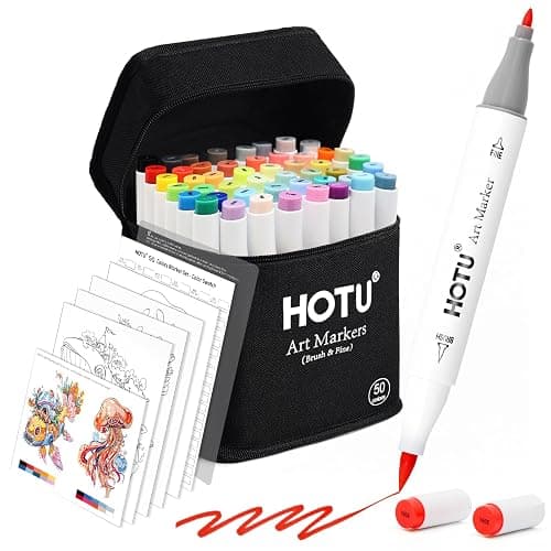 HOTU Alcohol Markers Brush and Fine Tip 50 Colors Dual Tips Art Marker Set Alcohol-based Sketch Pens with Carrying Case，Non-Bleeding Pad for Art Enthusiast Adults Coloring Illustration - Image 1