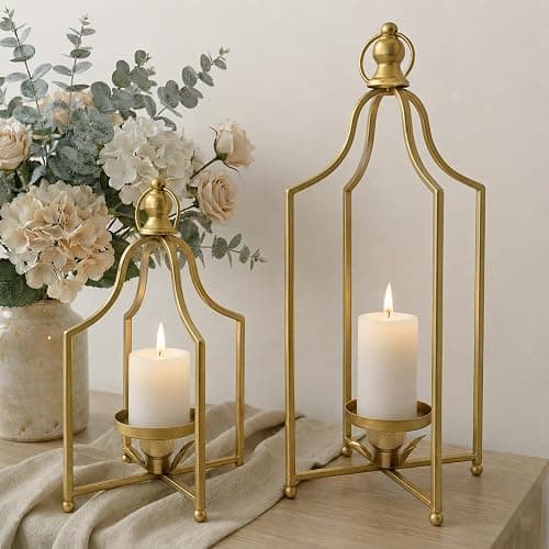12.5" & 16.5" Timeless Cozy Decorative Lanterns Set of 2, Handcrafted Metal Iron Candle Holders, Farmhouse Elegance Fireplace Mantel Table Festive Gatherings Decor (Antique Gold) - Image 1