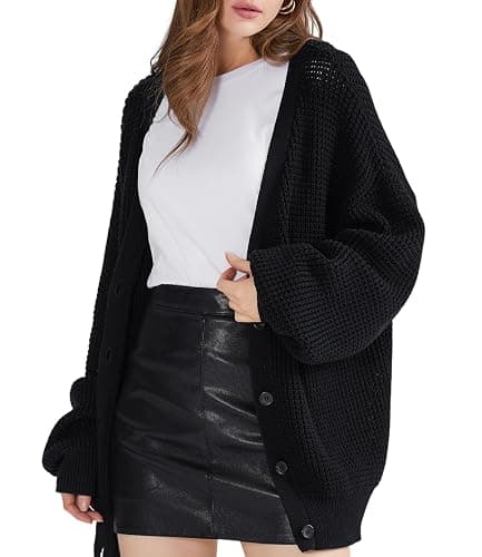 QUALFORT Women's Oversized 100% Cotton Cardigan Sweater | Long Sleeve V Neck Button Down Open Front Knit Outerwear thumbnail 2