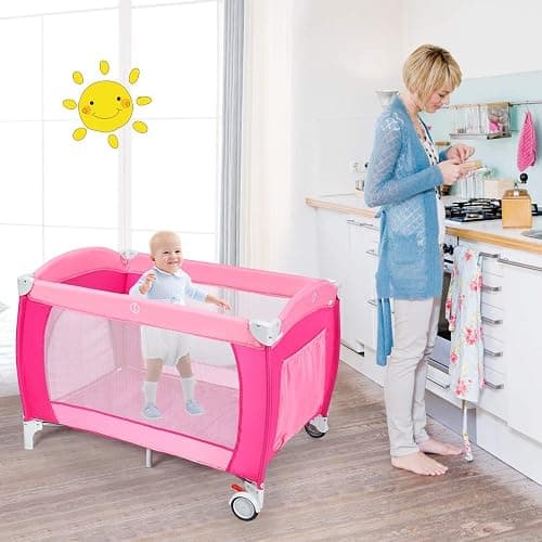 Costzon 4 in 1 Pink Pack and Play with Bassinet, Portable Baby Playard with Adjustable Canopy, Side Zipper Entrance, Music Box, Wheels/Brake, Foldable Infant Pink Bassinet for Baby Girl Toddlers thumbnail 2