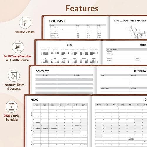 SUNEE 2026 Weekly & Monthly Hardcover Planner 5.5" x 8.3" - 12 Month (January 2026 - December 2026), Small Hardcover Planner, Pocket, Notes, 100 GSM Paper, Brown thumbnail 7