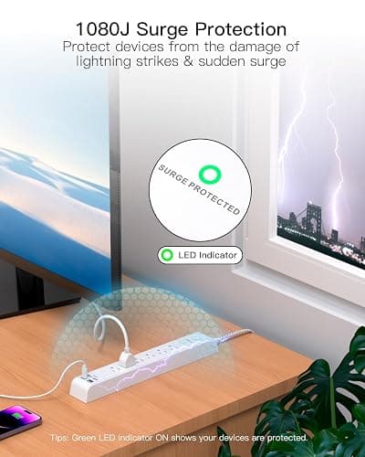 Flat Plug Extension Cord 25FT, Surge Protector Power Strip with 2 USB A Ports 2 USB-C 6 AC Outlets, USB Charging Station, Wall Mountable for Home, Office, Dorm Essentials, 1080J, ETL Listed thumbnail 3