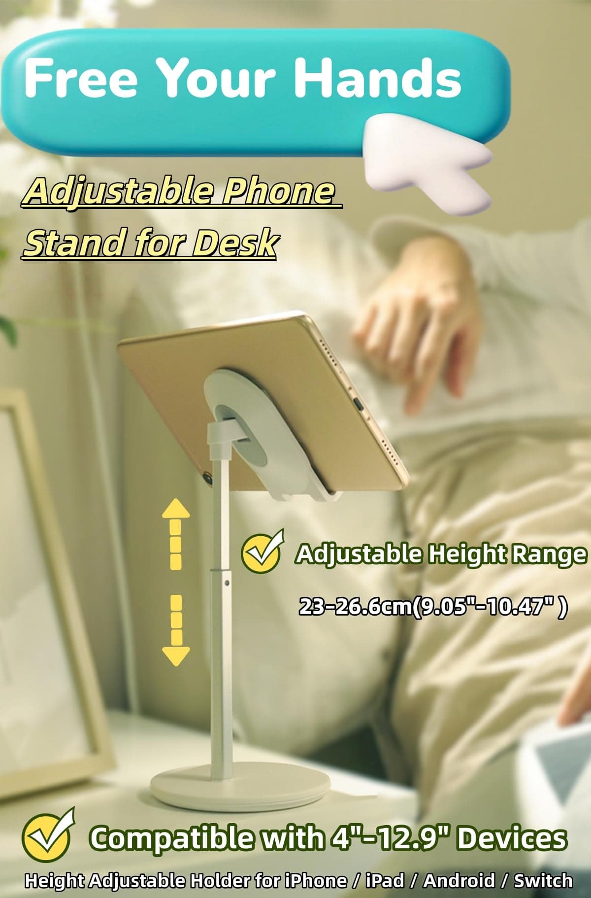 【1PACK】 Adjustable Phone Stand for Desk, Height Adjustable Cell Phone Holder and Tablet Stand Compatible with 4"-12.9" iPhone, iPad, Android Devices and Switch. E-TS (Pink) thumbnail 2