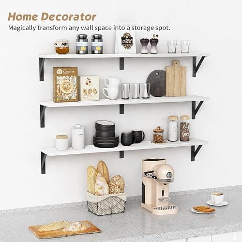 Forbena White Floating Book Shelves for Wall, 36 Inches Long Wall Shelves with Metal Brackets for Bedroom, Large Floating Bookshelf Bookshelves for Living Room Office Classroom (White Wood) thumbnail 2