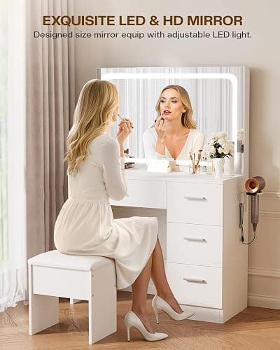 LIVELYGLOW Makeup Vanity Desk Set, White, 35.4“W x 15.7" D x 53.9" H (Large Smart LED Mirror, with Cushion Stool, Hairdryer Rack, Power-Outlet, 4 Drawers) thumbnail 7
