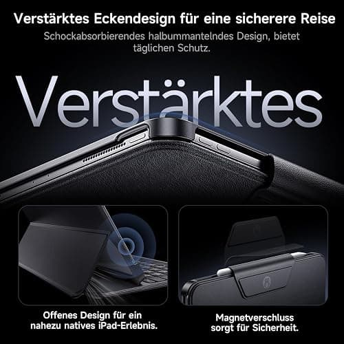 HOU Hülle mit Tastatur für iPad Air 11 Zoll (M3/M2) & Air 5./4. Gen & iPad Pro 11 Zoll (M4/4./3./2./1. Gen) – Leicht und tragbar, Weltraumleder, verstärkte Vier-Ecken-Schutz, QWERTZ thumbnail 6