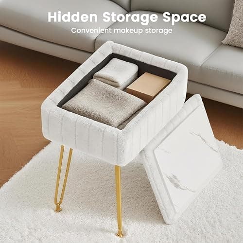 FUXA Vanity Stool Chair with Storage, White Faux Fur Makeup Chair with 4 Metal Legs and Anti-Slip Feet, Soft Padded Seat, Small Footrest Footstool Ottoman, Multifunctional Stool for Bedroom thumbnail 4