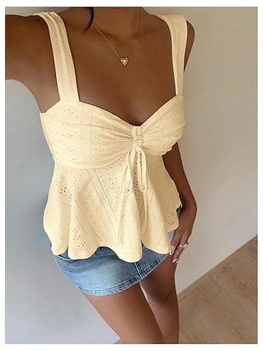 Milumia Women's Eyelet Tie Front Ruched Tank Tops Y2k Going Out Peplum Top | Babydoll, Sexy Slim Fit, Sleeveless, Flowy, Summer, Beach Vacation Outfits, Country Concert thumbnail 2