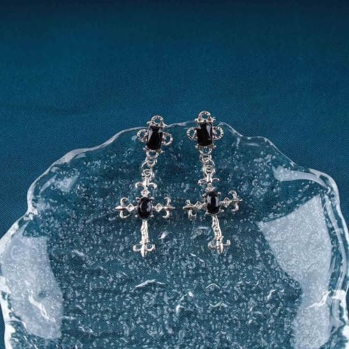 Andelaisi Boho Black Cross Drop Stud Earrings - Vintage Onyx Dangle Silver Star Gothic Gemstone Religious Christian Jewelry for Women thumbnail 5