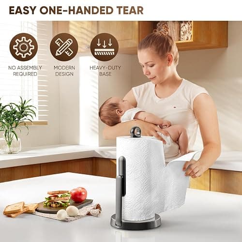 theaoo Heavy-Duty Stainless Steel Paper Towel Holder with Tension Arm – Easy One-Handed Tear, Modern Standing Countertop Dispenser for Kitchen, Holds All Paper Towel Rolls (1, Black) thumbnail 4