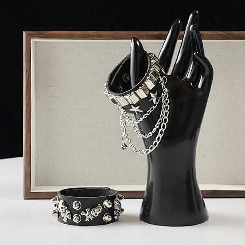 NPENGHUI 2-Piece Punk Rock Bracelet Set Studded Leather Cuff Bracelets with Metal Skull Adjustable Wrap Wrist Cuffs Vintage 80s Emo Goth Jewelry Accessories for Halloween Concerts and Festival Outfit thumbnail 5