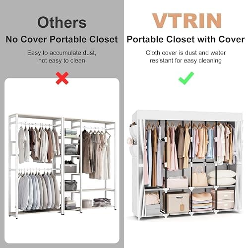 VTRIN Portable Closet for Hanging Clothes 67 Inch Wide Large Capacity Portable Wardrobe Closet with Cover, 4 Storage Shelves and 4 Hanging Rod Sturdy Free Standing Closet for Bedroom, White thumbnail 7