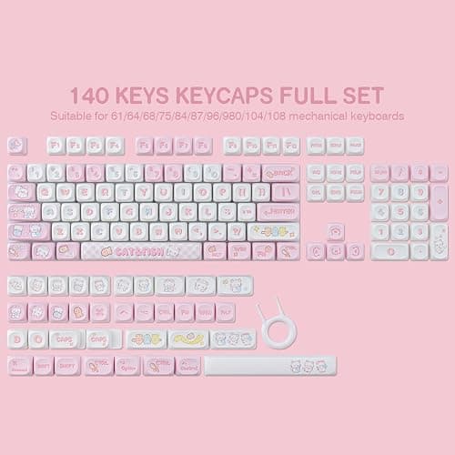 TYRIXKI PBT Cute Kitty-cat Keycaps Set 140 Keys Dye-Sublimation MOA Profile Keycaps for Cherry Gateron MX Swithes Mechanical Keyboards thumbnail 2