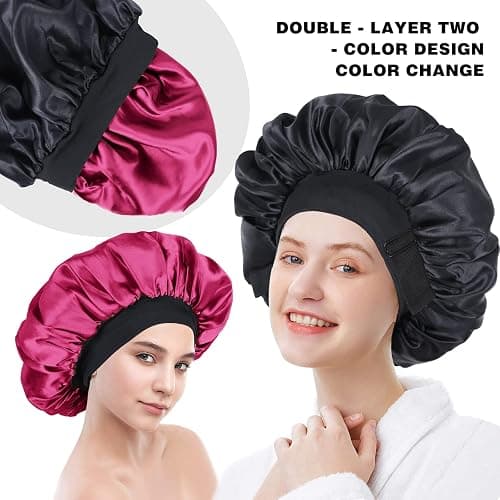 Double Layer Adjustable Satin Bonnets for Sleeping Women (Black and Wine) | No slip all night,Soft lightweight breathable,Reduce hair breakage,No marks,,Two-Color,Gift thumbnail 5