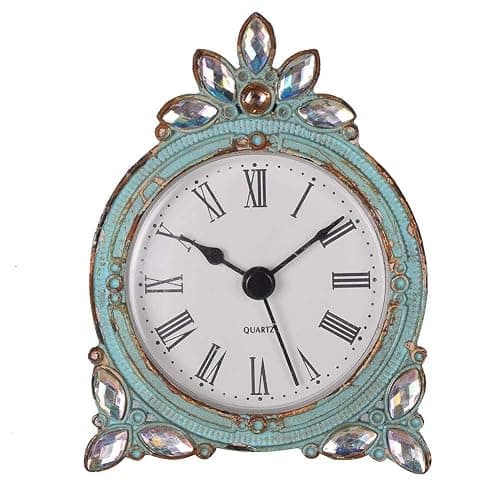 NIKKY HOME Vintage Pewter Quartz Mini Table Clock with Crystal Shining Rhinestone, 2.87 x 1.37 x 3.87 Inches, Aqua - Image 1