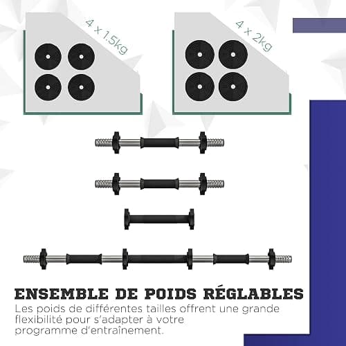 SPORTNOW Haltères 2 en 1 réglables, haltères libres avec poignées antidérapantes, 15KG - Barres incluses - entraînement Musculaire & haltérophilie thumbnail 4